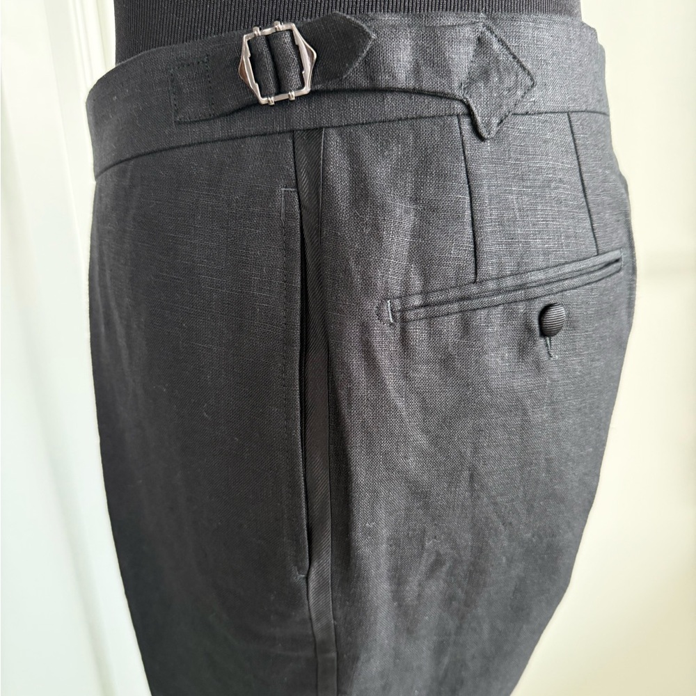 Black Tuxedo Side Belted Linen Trousers